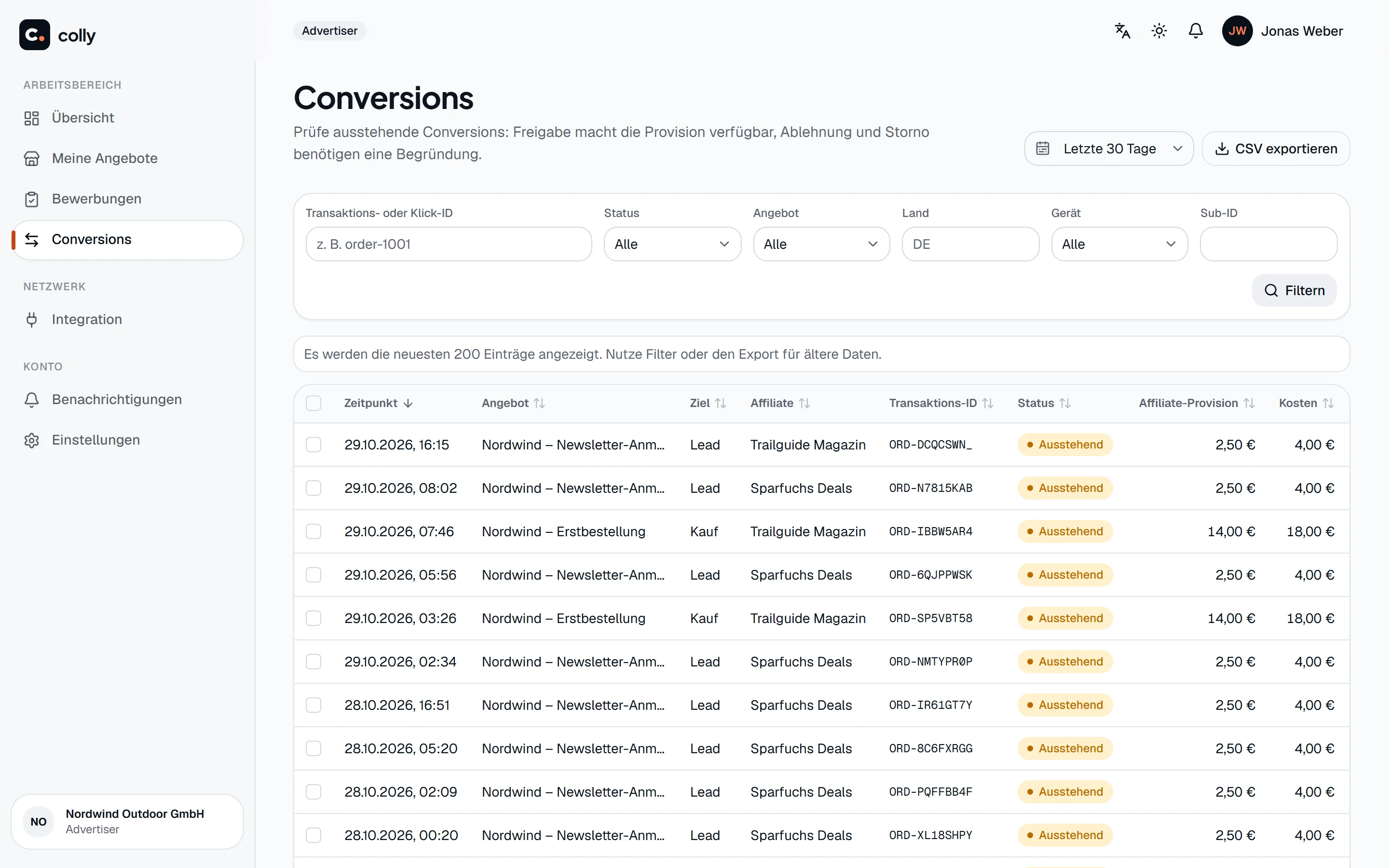 Conversion-Liste eines Advertisers mit Status und Provision