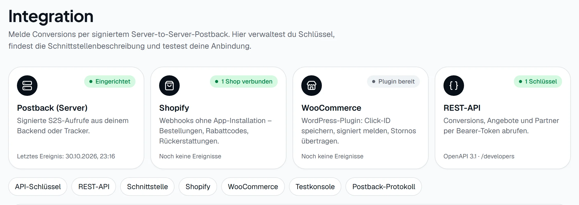 Integrationsbereich mit Shopify- und WooCommerce-Anbindung
