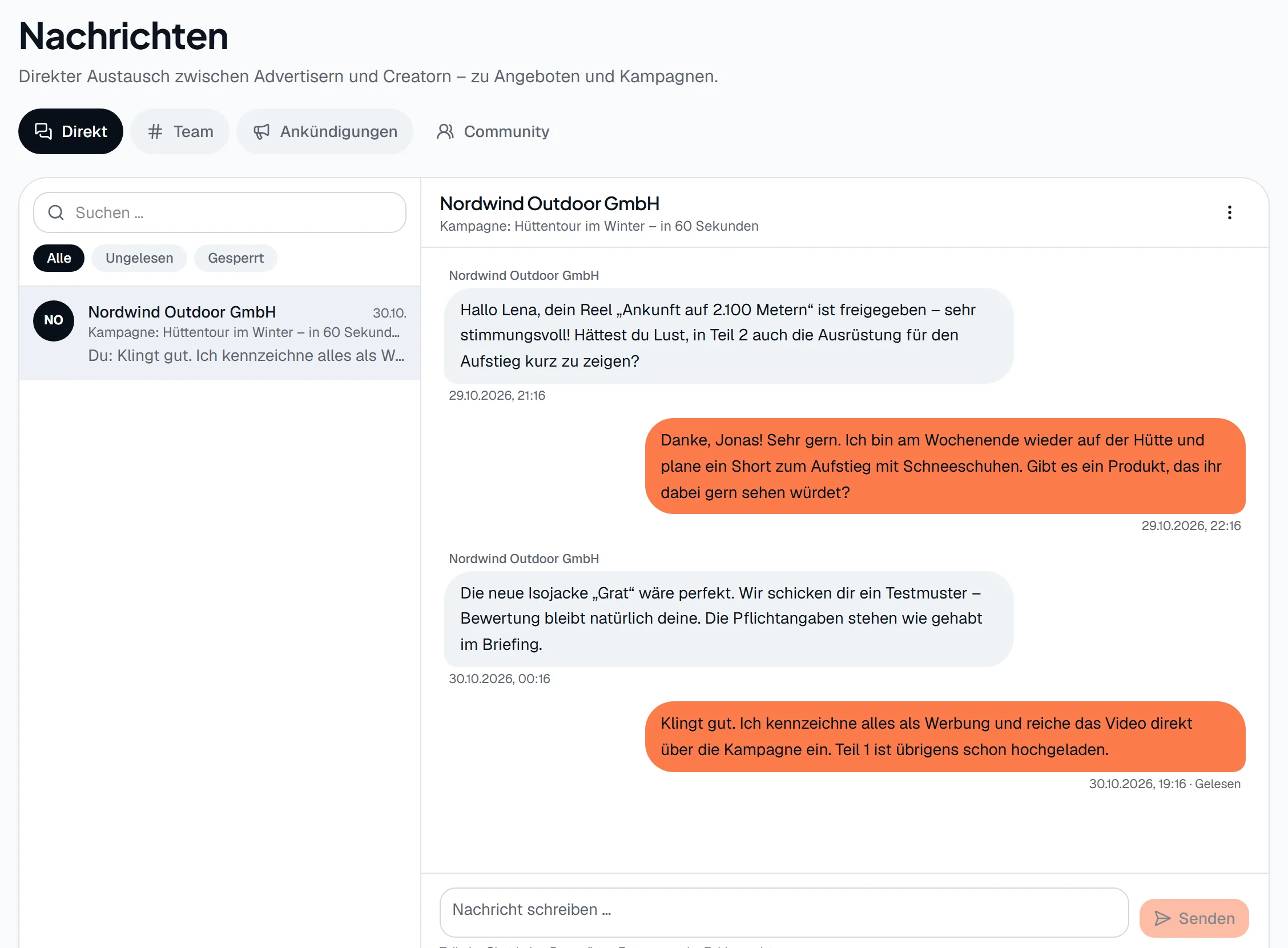 Unterhaltung zwischen Advertiser und Creator zu einer Kampagne