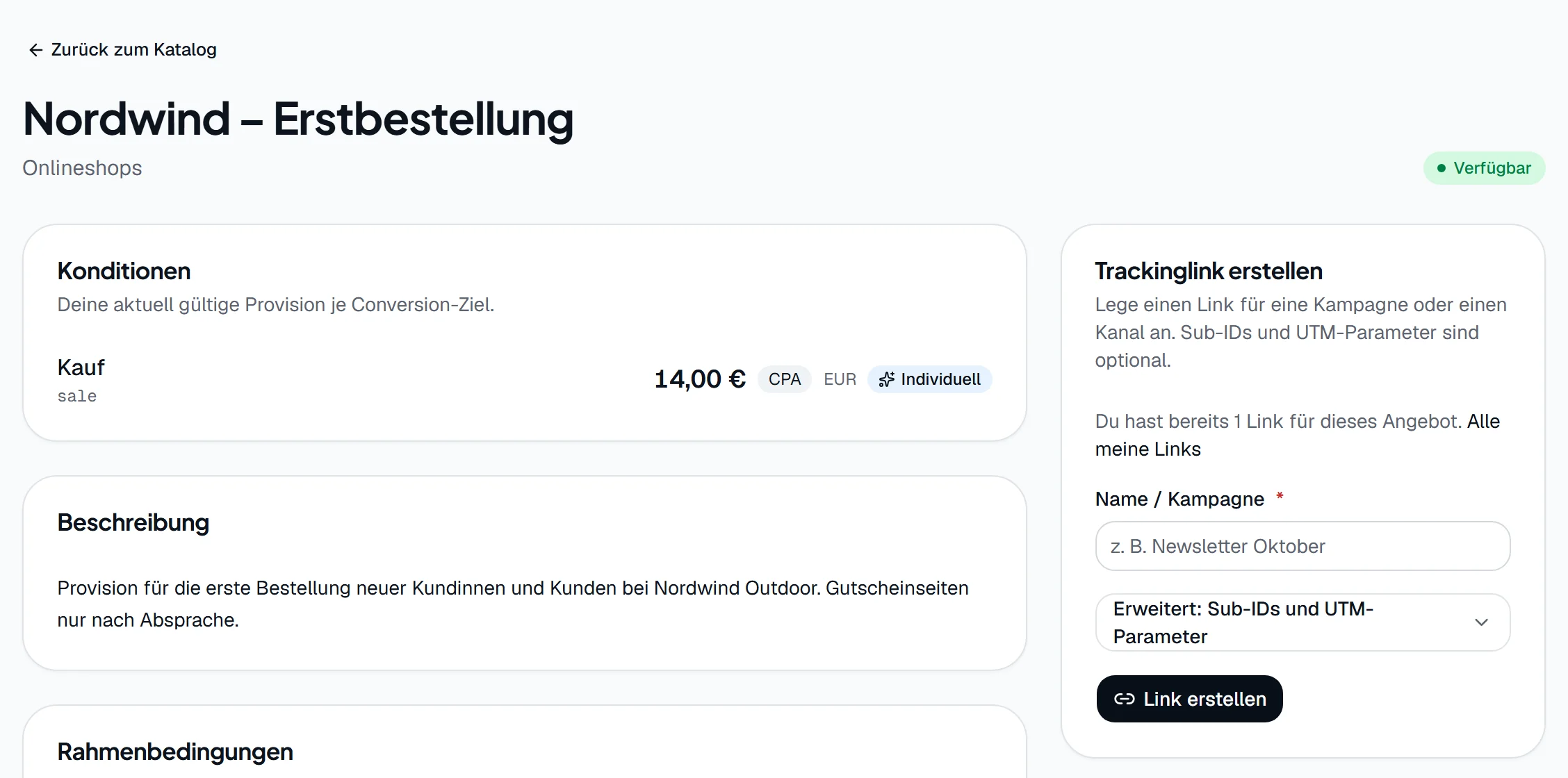 Angebotsdetail mit Konditionen und Formular zum Erstellen eines Trackinglinks