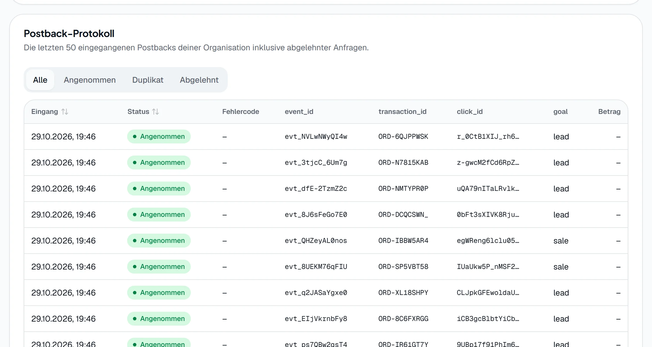 Postback-Protokoll mit angenommenen Ereignissen, Event-ID und Transaktions-ID