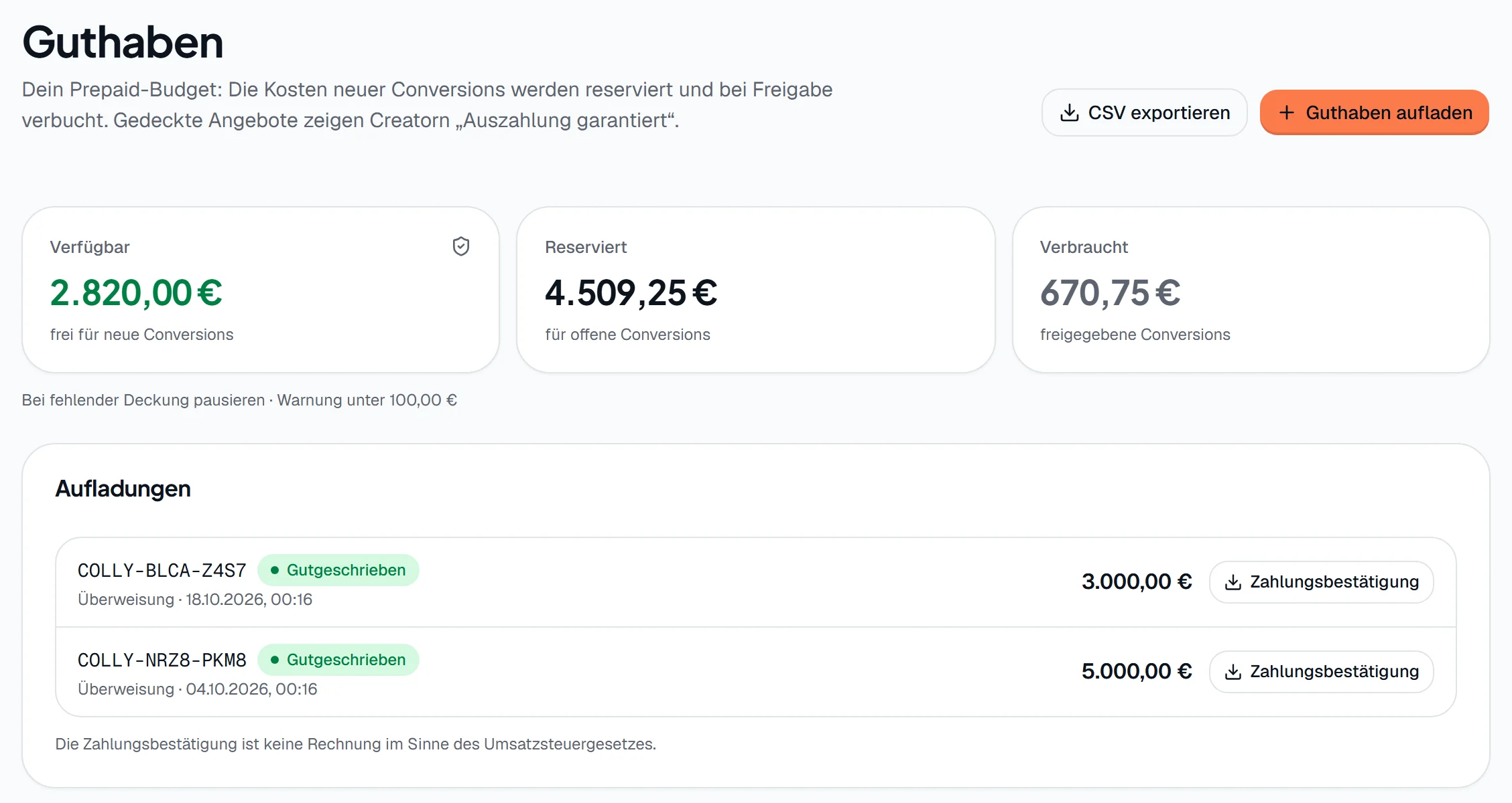 Guthabenseite eines Advertisers mit verfügbarem, reserviertem und verbrauchtem Betrag und Aufladungen